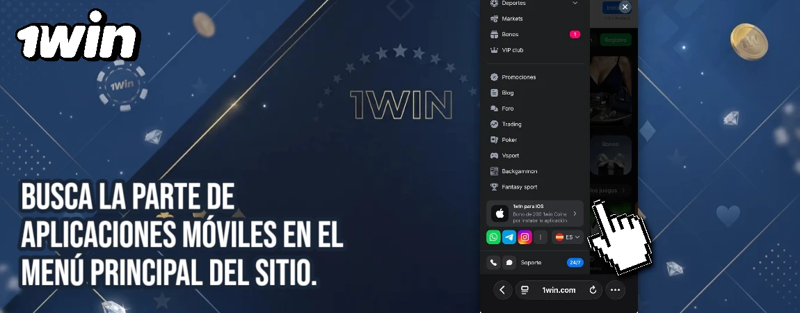 Busca la parte de aplicaciones móviles en el menú 1win