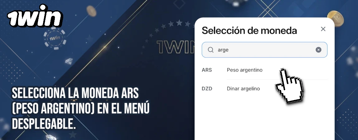 Selecciona la moneda ARS (peso argentino) en el menú desplegable 1win